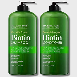 Ceramide complex biotin shampoo and conditioner set with argan oil, green tea extract, rosemary, lemongrass oil, eucalyptus oil and jojoba oil
