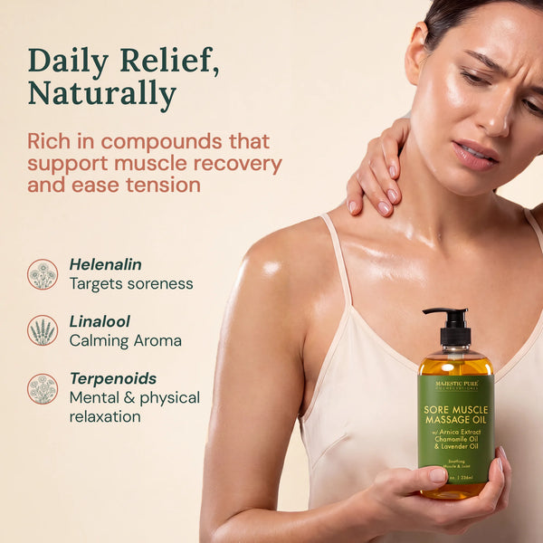 
  
    Sore Muscle Massage Oil with Lavender and Chamomile Essential Oils | 8 fl oz
  
