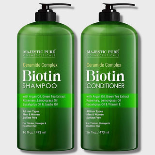 Ceramide complex biotin shampoo and conditioner set with argan oil, green tea extract, rosemary, lemongrass oil, eucalyptus oil and jojoba oil 