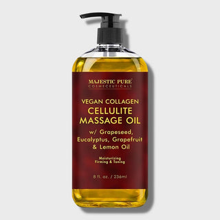 Vegan collagen cellulite massage oil with grapeseed, eucalyptus, grapefruit and lemon oil. For moisturizing, firming and toning